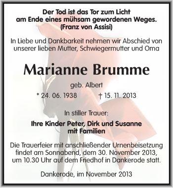 Traueranzeige von Marianne Brumme von Mitteldeutsche Zeitung Quedlinburg