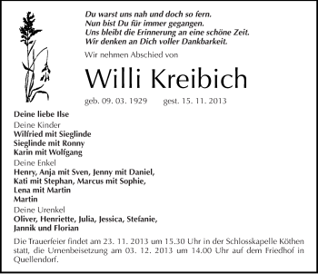 Traueranzeige von Willi Kreibich von Mitteldeutsche Zeitung Köthen