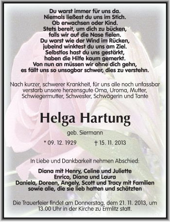 Traueranzeige von Helga Hartung von Mitteldeutsche Zeitung Merseburg/Querfurt