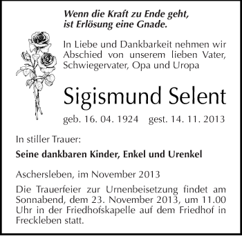 Traueranzeige von Sigismund Selent von Mitteldeutsche Zeitung Aschersleben