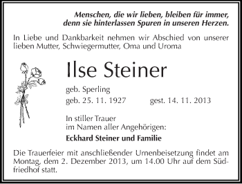 Traueranzeige von Ilse Steiner von Mitteldeutsche Zeitung Halle/Saalkreis