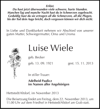 Traueranzeige von Luise Wiele von Mitteldeutsche Zeitung Mansfelder Land