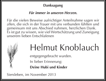 Traueranzeige von Helmut Knoblauch von Mitteldeutsche Zeitung Mansfelder Land