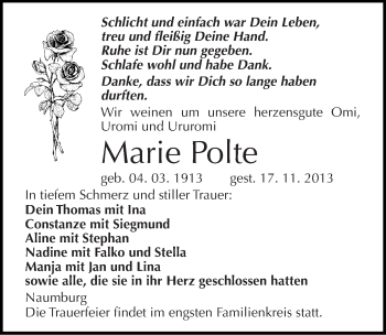Traueranzeige von Marie Polte von Mitteldeutsche Zeitung Naumburg/Nebra
