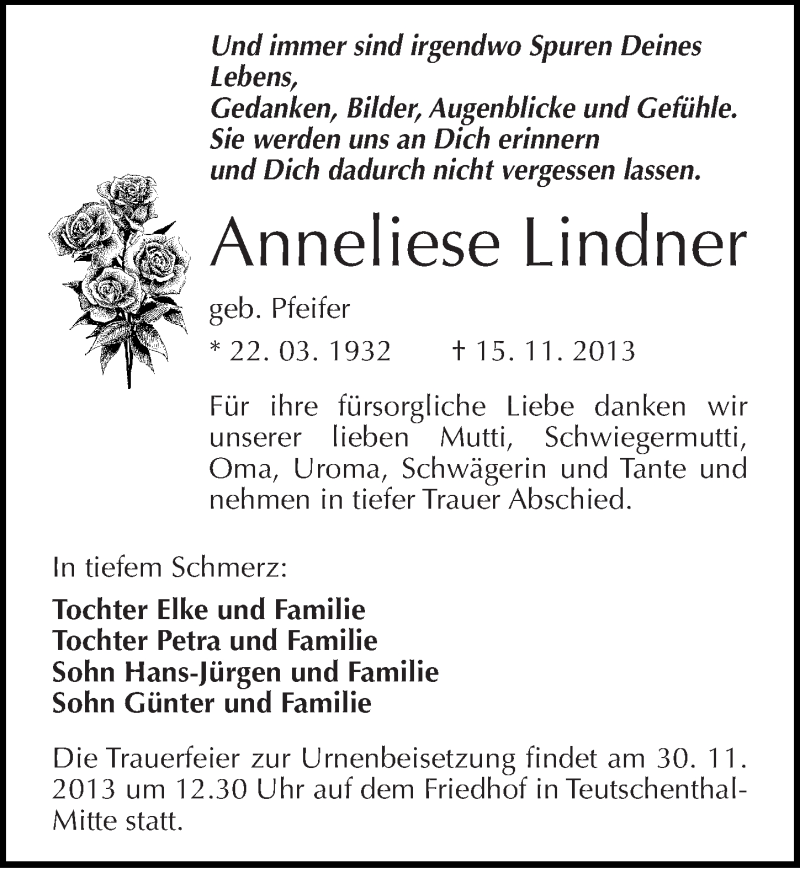  Traueranzeige für Anneliese Lindner vom 23.11.2013 aus Mitteldeutsche Zeitung Halle/Saalkreis