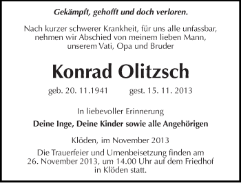Traueranzeige von Konrad Olitzsch von Mitteldeutsche Zeitung Wittenberg