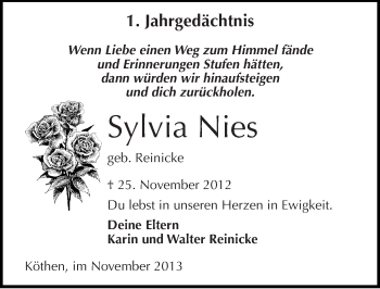 Traueranzeige von Sylvia Nies von Mitteldeutsche Zeitung Köthen