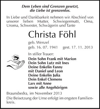 Traueranzeige von Christa Föhl von Mitteldeutsche Zeitung Merseburg/Querfurt