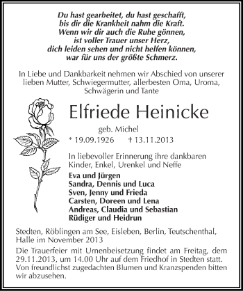 Traueranzeige von Elfriede Heinicke von Mitteldeutsche Zeitung Mansfelder Land