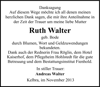 Traueranzeige von Ruth Walter von Mitteldeutsche Zeitung Sangerhausen