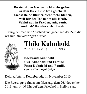 Traueranzeige von Thilo Kuhnhold von Mitteldeutsche Zeitung Sangerhausen