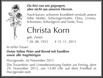Traueranzeige von Christa Korn von Mitteldeutsche Zeitung Quedlinburg