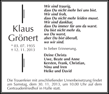 Traueranzeige von Klaus Grönert von Mitteldeutsche Zeitung Halle/Saalkreis