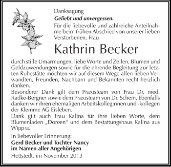 Traueranzeige von Kathrin Becker von Mitteldeutsche Zeitung Mansfelder Land