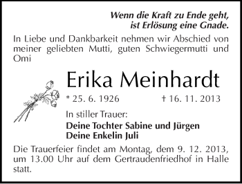 Traueranzeige von Erika Meinhardt von Mitteldeutsche Zeitung Halle/Saalkreis