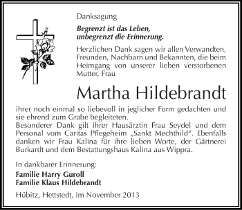 Traueranzeige von Martha Hildebrandt von Mitteldeutsche Zeitung Mansfelder Land