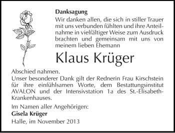 Traueranzeige von Klaus Krüger von Mitteldeutsche Zeitung Halle/Saalkreis