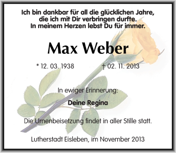 Traueranzeige von Max Weber von Mitteldeutsche Zeitung Mansfelder Land