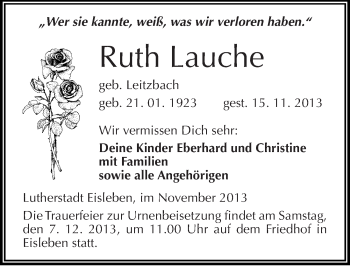 Traueranzeige von Ruth Lauche von Mitteldeutsche Zeitung Mansfelder Land