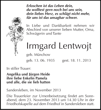 Traueranzeige von Irmgard Lentwojt von Mitteldeutsche Zeitung Mansfelder Land
