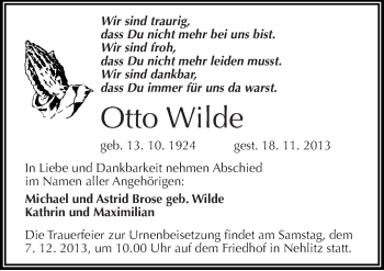 Traueranzeige von Otto Wilde von Mitteldeutsche Zeitung Halle/Saalkreis