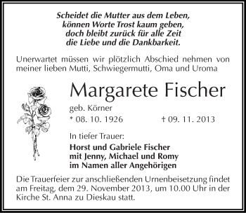 Traueranzeige von Margarete Fischer von Mitteldeutsche Zeitung Halle/Saalkreis