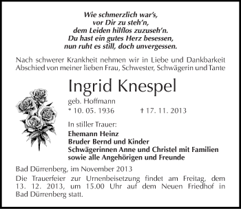 Traueranzeige von Ingrid Knespel von Mitteldeutsche Zeitung Merseburg/Querfurt