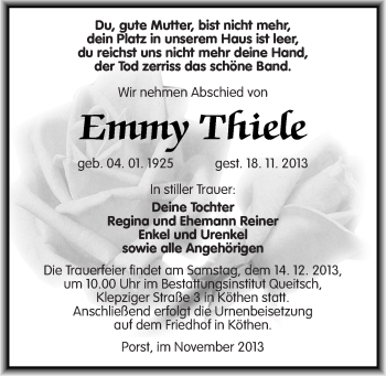 Traueranzeige von Emmy Thiele von Mitteldeutsche Zeitung Köthen