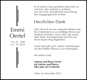 Traueranzeige von Emmi Oertel von Mitteldeutsche Zeitung Halle/Saalkreis