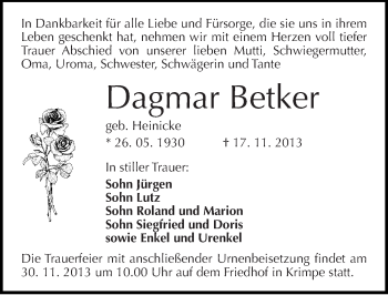 Traueranzeige von Dagmar Betker von Mitteldeutsche Zeitung Halle/Saalkreis