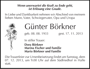 Traueranzeige von Günter Börkner von Mitteldeutsche Zeitung Halle/Saalkreis