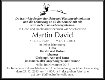 Traueranzeige von Martin David von Mitteldeutsche Zeitung Halle/Saalkreis