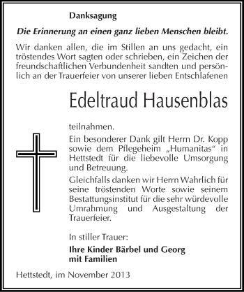 Traueranzeige von Edeltraud Hausenblas von Mitteldeutsche Zeitung Mansfelder Land