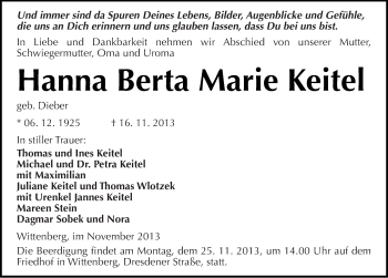 Traueranzeige von Hanna Berta Marie Keitel von Mitteldeutsche Zeitung Wittenberg