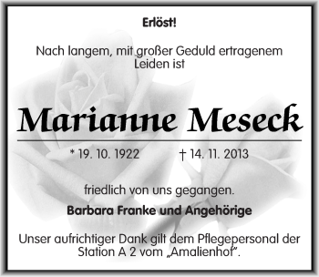 Traueranzeige von Marianne Meseck von Mitteldeutsche Zeitung Dessau-Roßlau