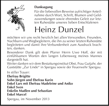 Traueranzeige von Heinz Dunzel von Mitteldeutsche Zeitung Merseburg/Querfurt
