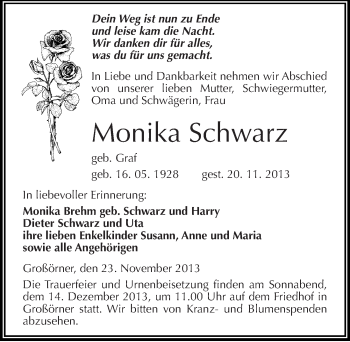 Traueranzeige von Monika Schwarz von Mitteldeutsche Zeitung Mansfelder Land