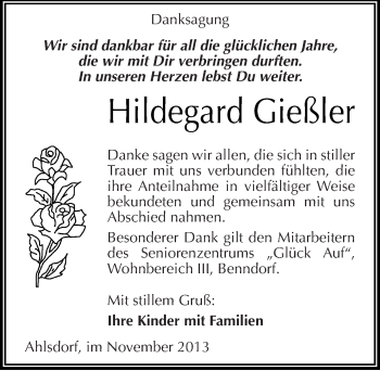 Traueranzeige von Hildegard Gießler von Mitteldeutsche Zeitung Mansfelder Land