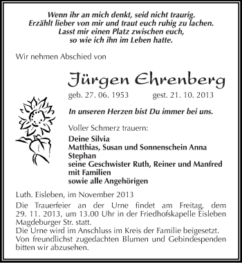 Traueranzeige von Jürgen Ehrenberg von Mitteldeutsche Zeitung Mansfelder Land