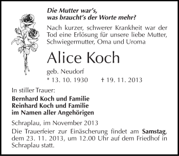 Traueranzeige von Alice Koch von Mitteldeutsche Zeitung Merseburg/Querfurt
