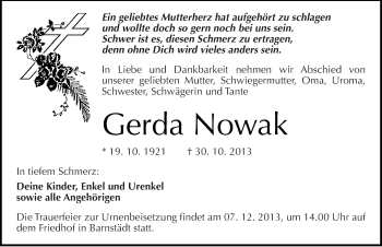 Traueranzeige von Gerda Nowak von Mitteldeutsche Zeitung Merseburg/Querfurt