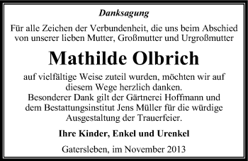 Traueranzeige von Mathilde Olbrich von Mitteldeutsche Zeitung Aschersleben
