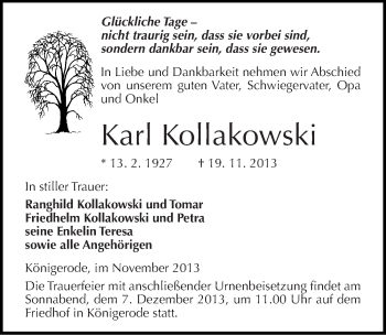 Traueranzeige von Karl Kollakowski von Mitteldeutsche Zeitung Quedlinburg