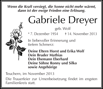 Traueranzeige von Gabriele Dreyer von Mitteldeutsche Zeitung Weißenfels