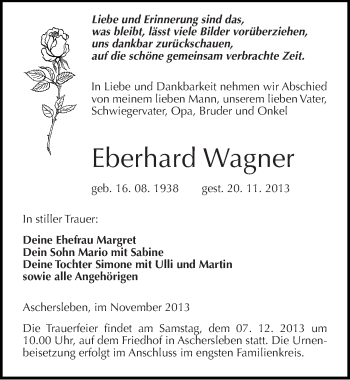 Traueranzeige von Eberhard Wagner von Mitteldeutsche Zeitung Aschersleben