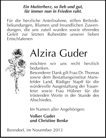 Traueranzeige von Alzira Guder von Mitteldeutsche Zeitung Mansfelder Land