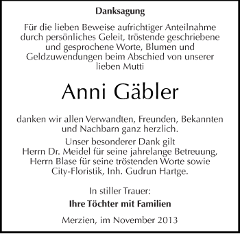 Traueranzeige von Anni Gäbler von Mitteldeutsche Zeitung Köthen
