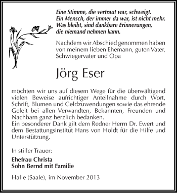 Traueranzeige von Jörg Eser von Mitteldeutsche Zeitung Halle/Saalkreis