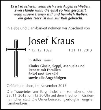 Traueranzeige von Josef Kraus von Mitteldeutsche Zeitung Wittenberg