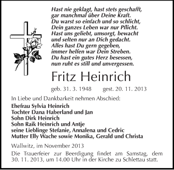 Traueranzeige von Fritz Heinrich von Mitteldeutsche Zeitung Halle/Saalkreis